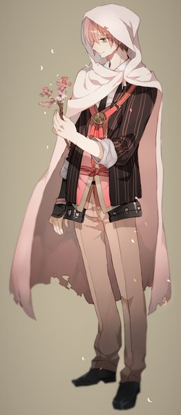 Anime picture 623x1423 with touken ranbu nitroplus yamanbagiri kunihiro newo (shinra-p) single tall image fringe short hair simple background standing pink hair full body profile twisty sleeves boy petals shoes hood cape pants