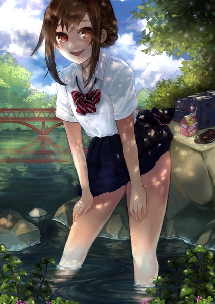 Anime picture 1158x1637 with original pisuke tall image open mouth black hair smile red eyes cloud (clouds) girl skirt uniform flower (flowers) plant (plants) school uniform miniskirt shirt tree (trees) water bowtie school bag