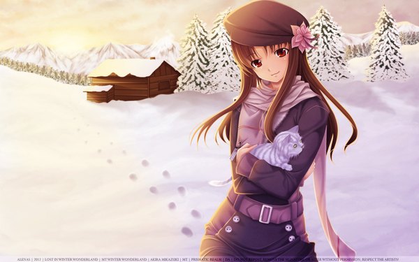 Anime picture 1920x1200 with kanon key (studio) mikazuki akira alenas single long hair looking at viewer highres red eyes brown hair wide image winter snow mountain footprints girl plant (plants) tree (trees) belt scarf