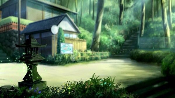 Anime picture 1920x1080 with original niko p highres wide image sunlight blurry depth of field no people summer flower (flowers) plant (plants) tree (trees) insect building (buildings) grass forest stairs fence house fireflies