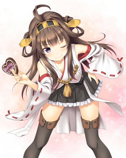 Anime picture 800x1000 with kantai collection kongou battleship masakichi (crossroad) long hair tall image blush smile brown hair purple eyes ahoge one eye closed wink valentine nontraditional miko girl skirt hair ornament detached sleeves food heart