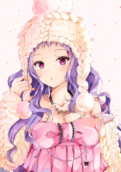 Anime picture 868x1228 with original yoshida iyo single long hair tall image looking at viewer blush breasts simple background purple eyes cleavage purple hair nail polish parted lips fingernails :o sparkle fur trim wavy hair red nail polish