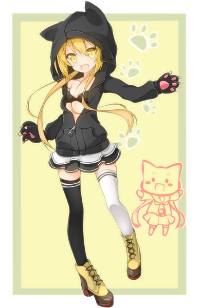 Anime picture 850x1309 with kantai collection satsuki destroyer rateratte single long hair tall image open mouth light erotic blonde hair smile twintails animal ears yellow eyes :d cat ears open clothes open jacket alternate costume zettai ryouiki floating hair