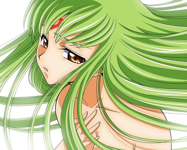 Anime picture 1280x1024 with code geass sunrise (studio) c.c. single long hair fringe breasts light erotic yellow eyes payot parted lips green hair nude girl