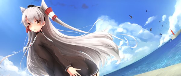 Anime picture 2560x1080 with kantai collection amatsukaze destroyer mitsukii single long hair looking at viewer blush highres smile wide image brown eyes sky cloud (clouds) white hair two side up girl hat sea hair tubes sailor suit
