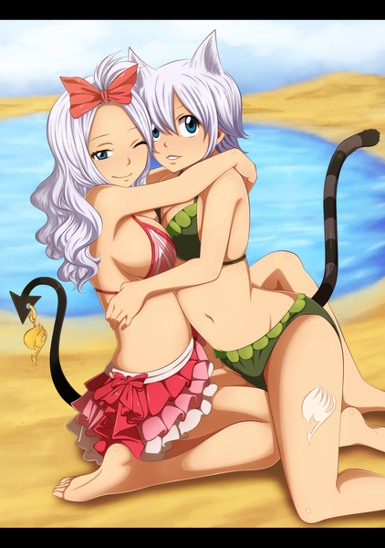 Anime picture 2456x3494 with fairy tail mirajane strauss lisanna strauss belucen long hair tall image highres short hair breasts blue eyes light erotic smile multiple girls animal ears white hair tail animal tail one eye closed wink cat ears
