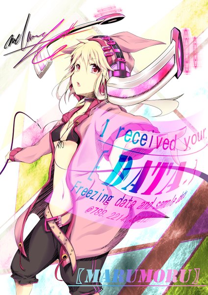 Anime picture 1062x1504 with original marumoru single long hair tall image looking at viewer fringe open mouth blonde hair nail polish wind open clothes open jacket bare belly spread arms girl choker jacket headphones wire (wires)
