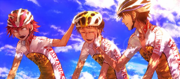 Anime picture 1059x466 with yowamushi pedal onoda sakamichi naruko shoukichi imaizumi shunsuke kei (space sonic) open mouth black hair red eyes wide image looking away sky cloud (clouds) red hair eyes closed profile multiple boys sweat spiked hair trio boy
