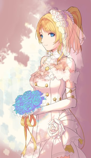 Anime picture 1358x2362 with love live! school idol project sunrise (studio) love live! ayase eli blowblack (kke) single tall image looking at viewer fringe breasts blue eyes blonde hair smile standing bare shoulders holding hair flower sunlight girl dress