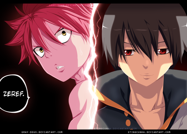 Anime picture 1575x1131 with fairy tail natsu dragneel zeref stingcunha gray-dous short hair black hair simple background smile red eyes yellow eyes pink hair looking back multiple boys coloring dark background letterboxed manga boy 2 boys