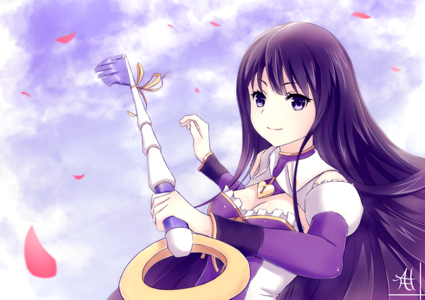 Anime picture 1024x724 with original hananon single long hair looking at viewer fringe purple eyes sky purple hair cloud (clouds) light smile girl dress petals