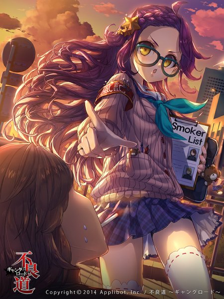 Anime picture 720x960 with furyou michi ~gang road~ wooju long hair tall image blush open mouth yellow eyes sky purple hair cloud (clouds) smoking girl thighhighs skirt uniform school uniform white thighhighs glasses