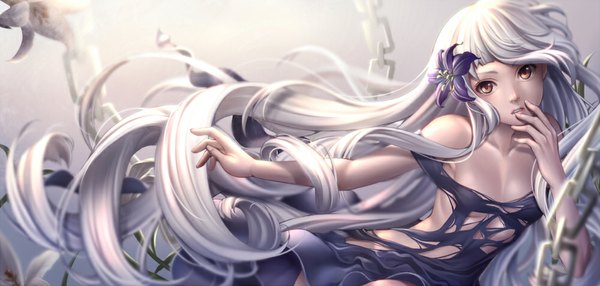 Anime picture 1000x478 with original masami chie single looking at viewer light erotic wide image bare shoulders brown eyes white hair very long hair hair flower finger to mouth wavy hair girl dress hair ornament flower (flowers) chain