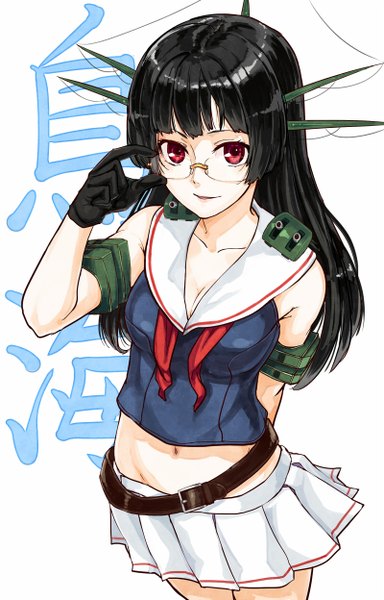 Anime picture 800x1248 with kantai collection choukai heavy cruiser poco (backboa) single long hair tall image looking at viewer fringe black hair simple background red eyes standing white background cleavage pleated skirt from above inscription hieroglyph hands behind back hand on head