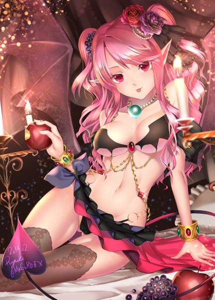 Anime picture 900x1251 with original ryuki@maguro-ex single long hair tall image looking at viewer breasts light erotic pink hair pink eyes hair flower pointy ears :p girl thighhighs navel hair ornament flower (flowers) black thighhighs bracelet