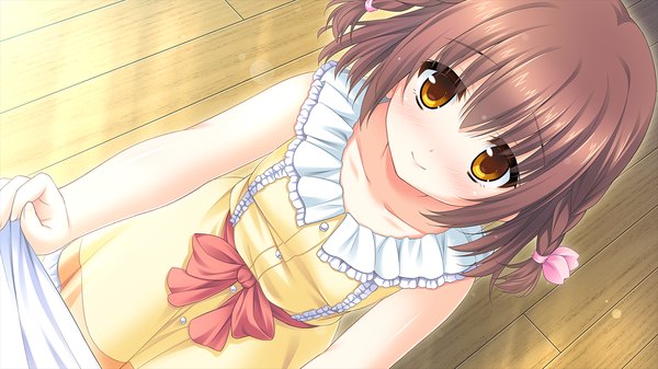 Anime picture 1280x720 with onii-chan migite no shiyou wo kinshi shimasu! imoo ayuka single looking at viewer blush short hair smile brown hair wide image brown eyes game cg loli girl dress sundress