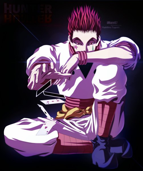 Anime picture 975x1166 with hunter x hunter hisoka (hunter x hunter) eroishi single tall image short hair simple background pink hair pink eyes inscription tattoo coloring black background face paint boy card (cards)