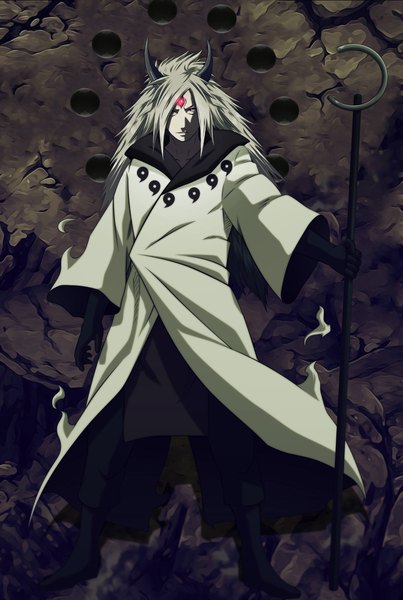 Anime picture 1606x2390 with naruto studio pierrot naruto (series) anvmadara single long hair tall image looking at viewer highres white hair horn (horns) coloring pale skin silver eyes rinnegan boy staff mantle