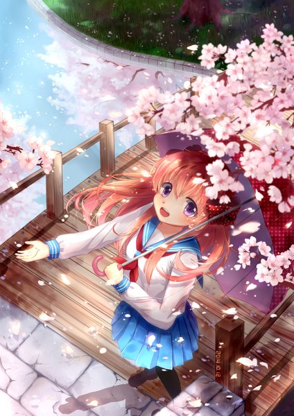 Anime picture 2480x3507 with gekkan shoujo nozaki-kun doga kobo sakura chiyo fukio single long hair tall image looking at viewer blush highres open mouth smile purple eyes pleated skirt from above orange hair cherry blossoms reflection river girl