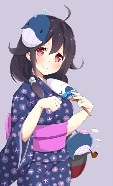 Anime picture 549x900 with kantai collection taigei light aircraft carrier takehana note single long hair tall image looking at viewer blush black hair simple background smile twintails ahoge traditional clothes japanese clothes pink eyes low twintails floral print purple background mask on head
