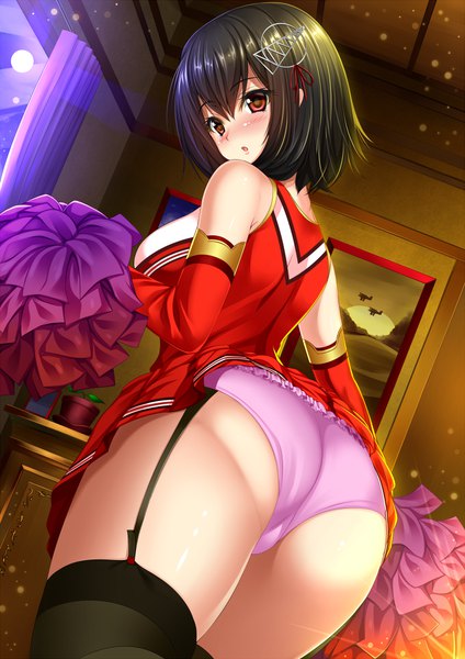 Anime picture 763x1080 with kantai collection haguro heavy cruiser shibata rai single tall image blush short hair light erotic black hair red eyes bare shoulders ass cheerleader girl thighhighs underwear panties black thighhighs pink panties pompon