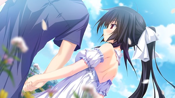 Anime picture 1280x720 with hapymaher purple software hatsuno saki tsukimori hiro long hair blush black hair red eyes wide image bare shoulders game cg cloud (clouds) ponytail profile couple girl dress boy flower (flowers) petals