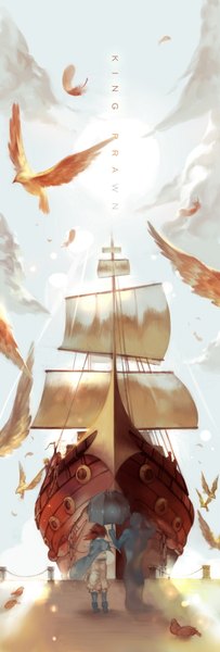 Anime picture 1200x3545 with joseph lee tall image brown hair standing sky ponytail from behind sunlight couple ghost animal bird (birds) umbrella sun watercraft people ship jinn