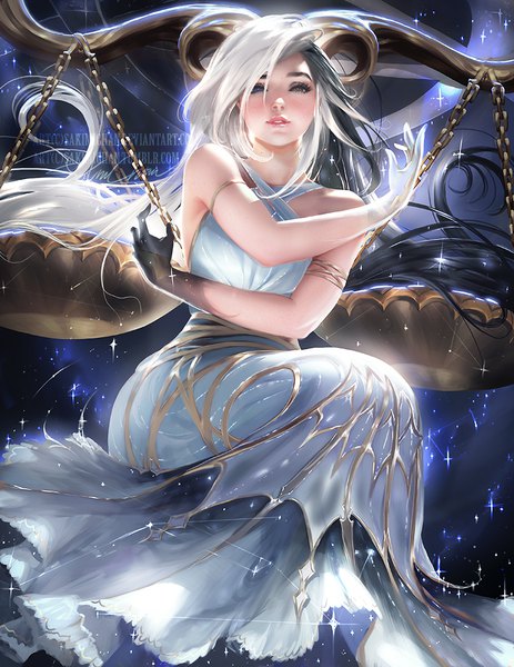 Anime picture 773x1000 with original sakimichan single tall image looking at viewer black hair sitting bare shoulders brown eyes signed white hair very long hair parted lips multicolored hair arm up realistic night two-tone hair night sky sleeveless