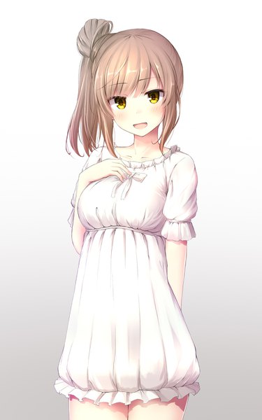 Anime picture 937x1500 with cevio satou sasara basa rutan single long hair tall image looking at viewer blush open mouth smile brown hair yellow eyes payot grey background hair bun (hair buns) gradient background side ponytail hand on chest arm behind back girl