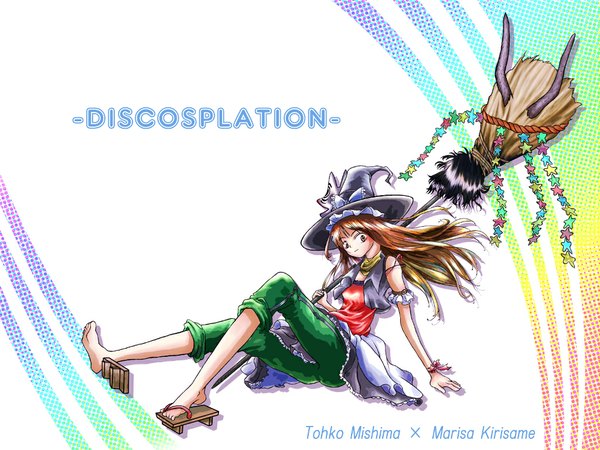Anime picture 1024x768 with touhou kirisame marisa cosplay single shoe girl hat sandals broom discommunication mishima touko mishima touko (cosplay)