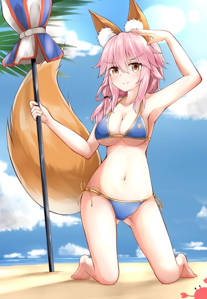 Anime picture 2500x3600 with fate (series) fate/extra tamamo (fate) (all) tamamo no mae (swimsuit lancer) (fate) moyoron single long hair tall image looking at viewer blush fringe highres breasts light erotic smile hair between eyes holding brown eyes animal ears payot