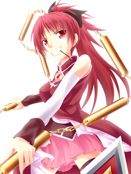 Anime picture 1500x2000 with mahou shoujo madoka magica shaft (studio) sakura kyouko single long hair tall image simple background red eyes white background bare shoulders ponytail red hair girl skirt bow weapon hair bow detached sleeves miniskirt sweets