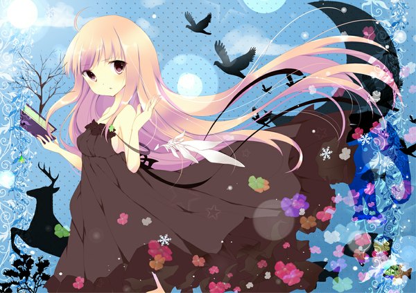 Anime picture 1062x752 with original umino mizu single long hair looking at viewer blush blonde hair purple eyes girl dress flower (flowers) animal bird (birds) book (books) sundress fish (fishes)