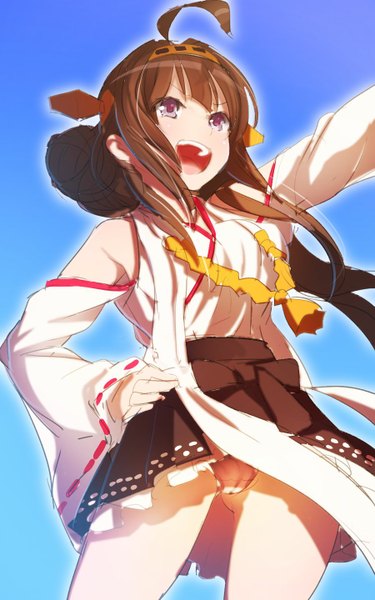 Anime picture 900x1440 with kantai collection kongou battleship namago single long hair tall image light erotic simple background brown hair purple eyes looking away ahoge teeth from below pantyshot hand on hip cameltoe blue background pointing nontraditional miko