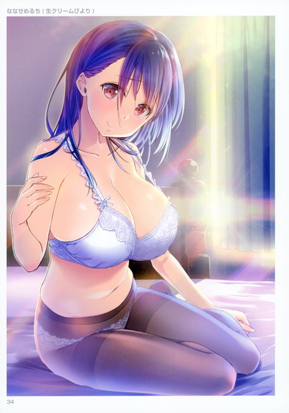 Anime picture 2450x3510 with comic toranoana nanase meruchi single long hair tall image looking at viewer blush highres breasts light erotic smile red eyes sitting blue hair full body sunlight scan huge breasts yokozuwari lace-trimmed bra
