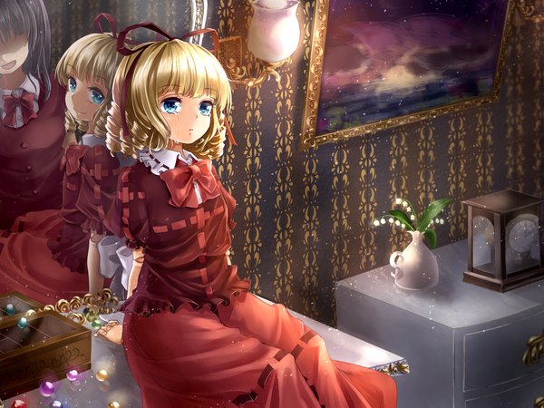 Anime picture 1280x960 with touhou medicine melancholy shironeko yuuki looking at viewer fringe short hair open mouth blue eyes blonde hair smile sitting looking away short sleeves puffy sleeves tears drill hair reflection hands behind back crying different reflection