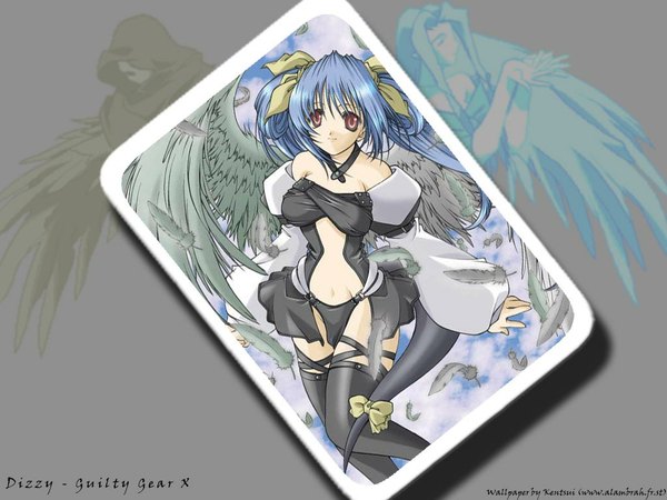 Anime picture 1024x768 with guilty gear dizzy (guilty gear) undine (guilty gear) necro (guilty gear) undine long hair smile twintails blue hair tail wallpaper card (medium) thighhighs ribbon (ribbons) hair ribbon wings choker feather (feathers) card (cards)