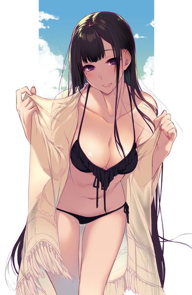 Anime picture 783x1200 with ane naru mono chiyo (ane naru mono) pochi (pochi-goya) single tall image looking at viewer fringe breasts light erotic black hair large breasts standing purple eyes sky cloud (clouds) very long hair mole official art leaning leaning forward