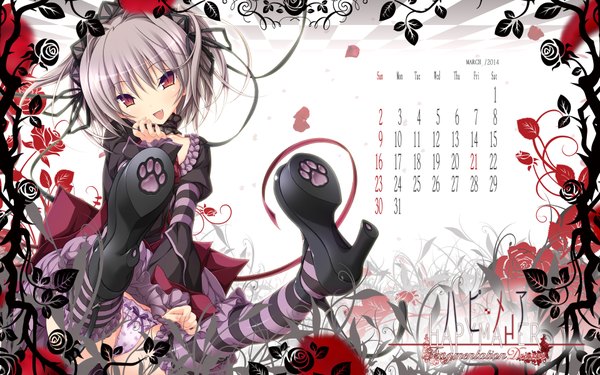 Anime picture 1920x1200 with hapymaher naitou maia koku single long hair looking at viewer highres open mouth light erotic red eyes grey hair legs calendar 2013 girl thighhighs dress underwear panties petals shoes