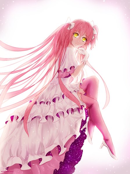 Anime picture 1050x1410 with mahou shoujo madoka magica shaft (studio) kaname madoka goddess madoka avrytheist single long hair tall image looking at viewer fringe simple background smile sitting twintails yellow eyes pink hair bent knee (knees) pink background girl thighhighs