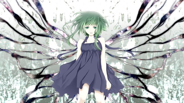 Anime picture 2000x1125 with vocaloid gumi aonoe single highres short hair wide image green eyes green hair wind girl dress sundress