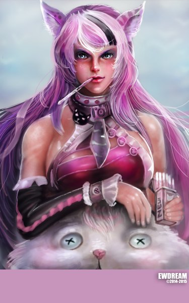Anime picture 1200x1920 with final fantasy final fantasy xiv square enix eternalwonderd single long hair tall image bare shoulders holding animal ears purple hair cat ears cat girl mouth hold silver eyes girl detached sleeves animal choker cat