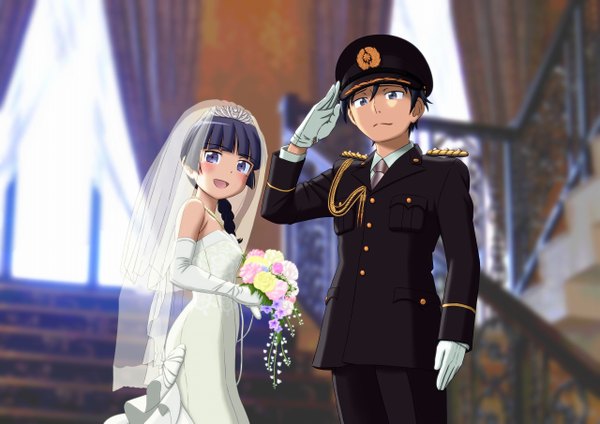 Anime picture 1280x905 with ore no imouto ga konna ni kawaii wake ga nai gokou ruri kousaka kyousuke sakaki youma long hair looking at viewer fringe short hair black hair standing purple eyes bare shoulders holding indoors blunt bangs braid (braids) couple happy salute wedding