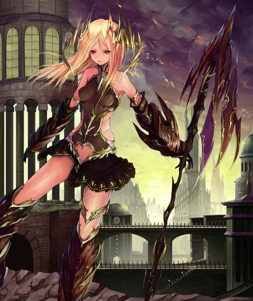 Anime picture 1250x1485 with original pixiv fantasia pixiv fantasia fallen kings solru (tyappygain) single long hair tall image blush open mouth blonde hair red eyes standing bare shoulders light smile girl skirt gloves hair ornament weapon black gloves