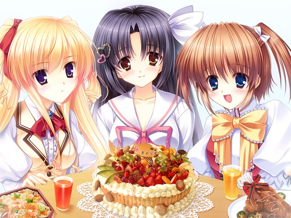 Anime picture 1200x900 with tagme (copyright) tagme (artist) blue eyes black hair blonde hair brown hair purple eyes yellow eyes girl hair ornament serafuku food heart sweets cake heart hair ornament