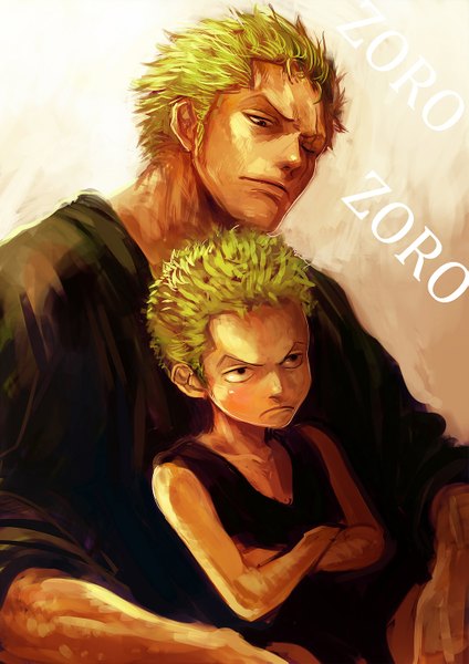 Anime picture 1067x1509 with one piece toei animation roronoa zoro tsuyomaru tall image short hair sitting bare shoulders green hair black eyes inscription scar dual persona alternate age younger boy child (children)