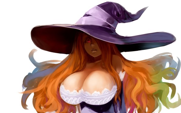 Anime picture 1440x900 with dragon's crown vanillaware sorceress (dragon's crown) single long hair breasts open mouth light erotic simple background red eyes brown hair white background cleavage huge breasts witch girl hat witch hat staff
