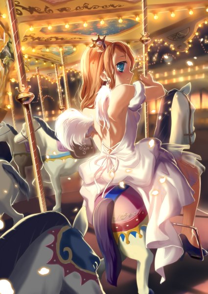 Anime picture 2149x3035 with original siloteddy single long hair tall image looking at viewer blush highres blue eyes sitting bare shoulders looking back orange hair high heels white wings girl dress petals wings shoes
