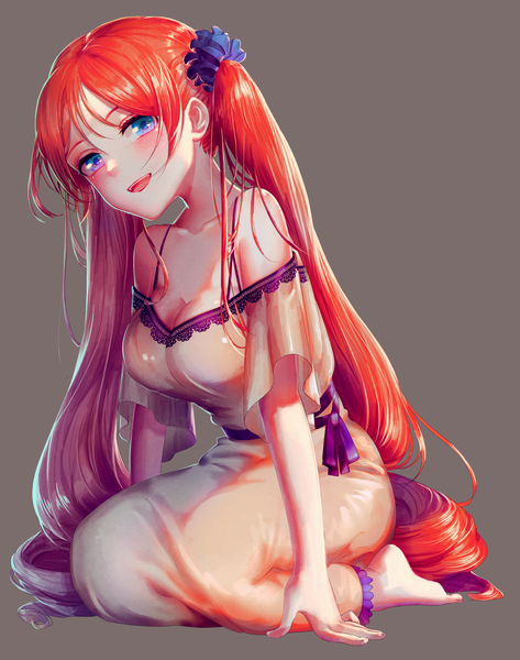Anime-Bild 2200x2788 mit original yurika0207 single tall image looking at viewer blush highres breasts open mouth blue eyes simple background sitting twintails bare shoulders cleavage full body red hair very long hair :d barefoot