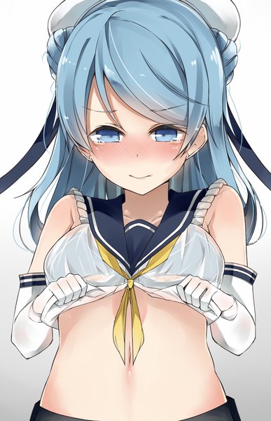 Anime picture 644x999 with kantai collection urakaze destroyer cole single long hair tall image blush breasts light erotic simple background large breasts white background bare shoulders blue hair hair bun (hair buns) embarrassed tears gradient background groin shirt lift